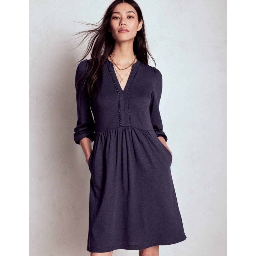 Boden Naomi Relaxed Slub Jersey Midi Dress Cottagecore 12 L Navy Blue New W Tags